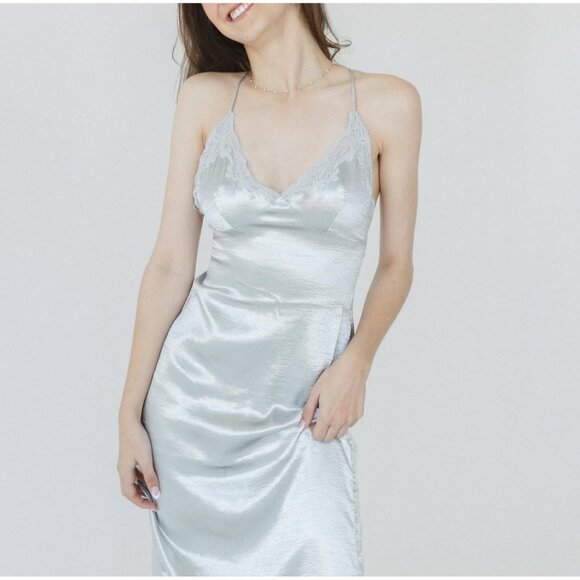 Urban Outfitters Silver Satin Crisscross Spaghetti Strap Lace Trim Slip Dress - Picture 4 of 16